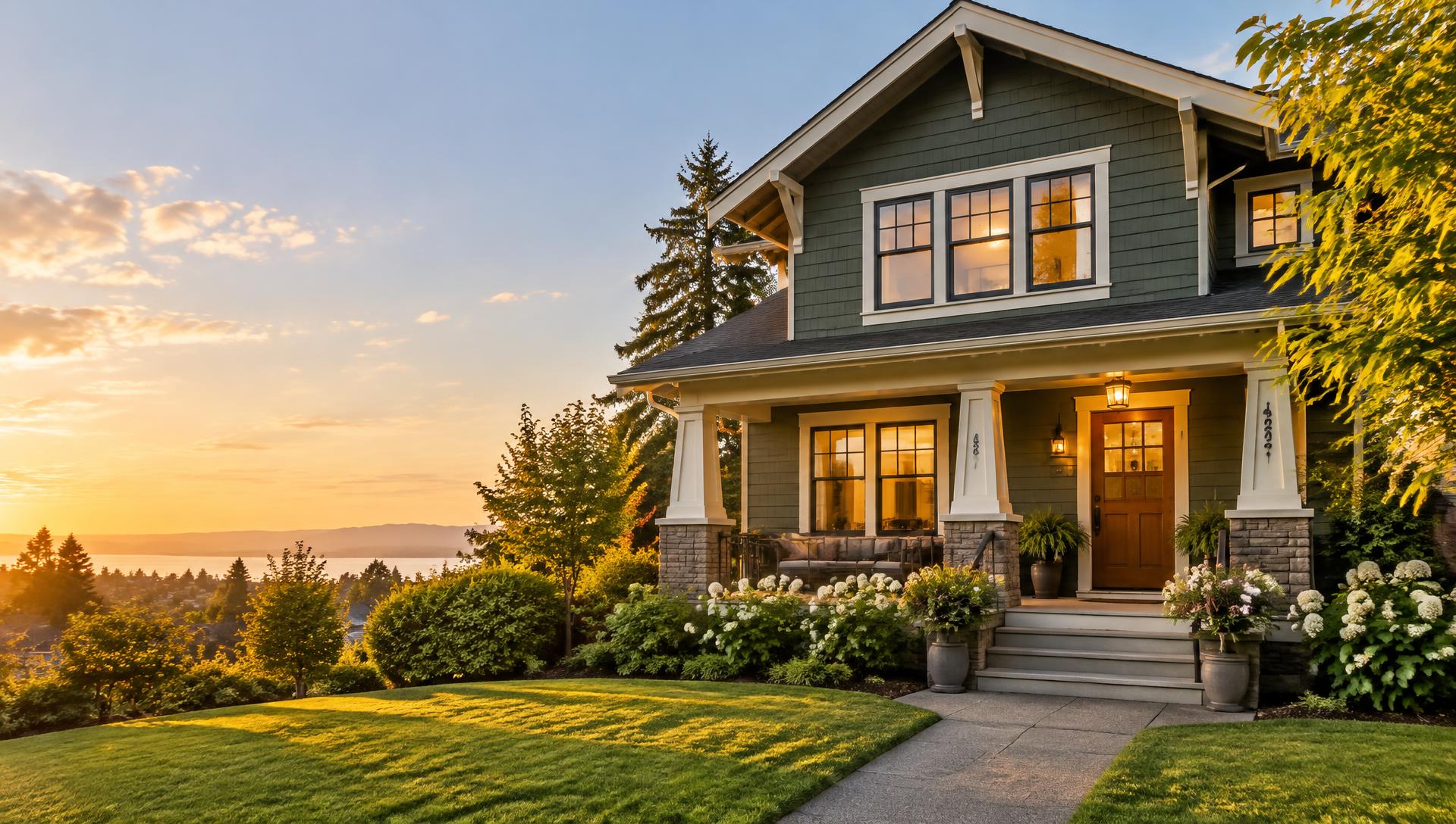 Well-maintained craftsman home at sunset